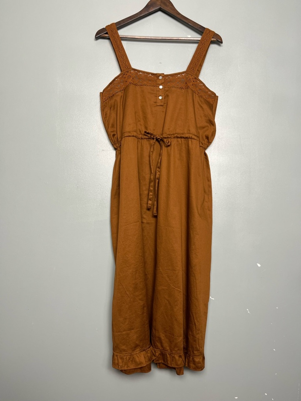 Lupine Lane NWT Aurora Midi Dress Tie Waist Lace Organic Cotton Brown Size L
